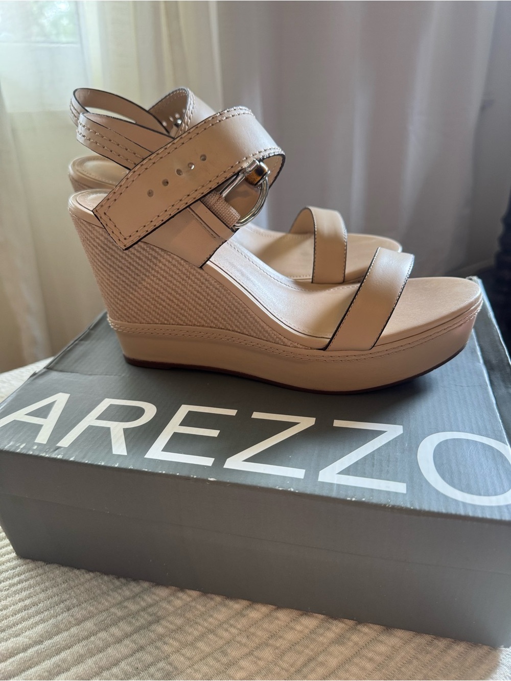 Arezzo women’s size 8 Neutral Beige Wedge Sandals with Ankle Strap